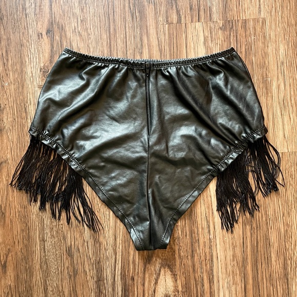 Body Rage Black Faux Leather Fringe Bikini Cut Bottoms Shorts Sz Large - Picture 2 of 8